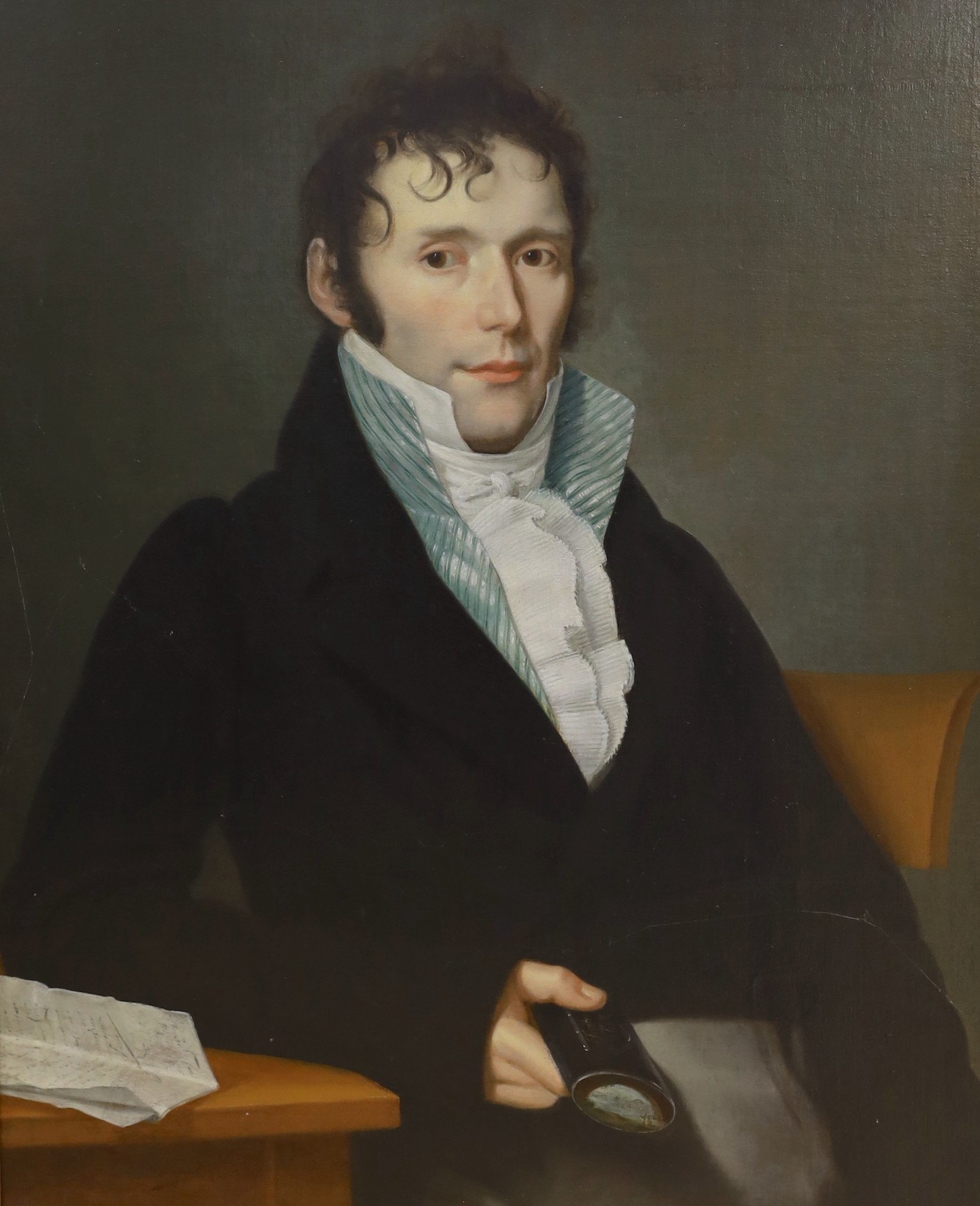 Attributed to Gaspar Benedikt Beckenkamp (1747-1828), oil on canvas, Portrait of 'Frederic Colln Receveur Communal du Cidevant Pays de Corneli Munster, age de 30 ans', inscription verso, 77 x 61cm